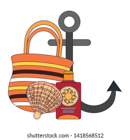 summer beach and vacation with shell, beach bag, anchor, sunscreen icon cartoons vector illustration graphic design