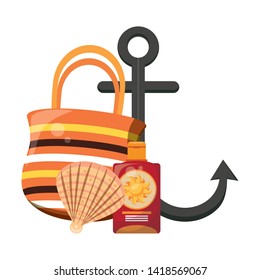 summer beach and vacation with shell, beach bag, anchor, sunscreen icon cartoons vector illustration graphic design