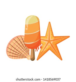 summer beach and vacation with shell, starfish and ice lollys icon cartoons vector illustration graphic design