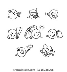 Summer beach vacation smiley set, emoticons with various face emotions and resort accessories isolated on white background - emoji collection during rest in line art vector illustration.