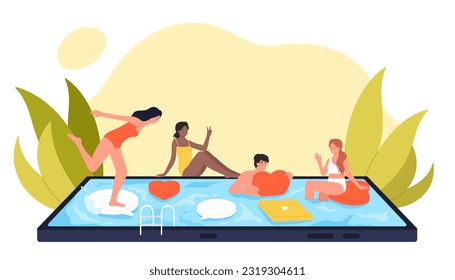 Las vacaciones de verano en la playa y la ilustración vectorial de los medios sociales. Viñetas de caricatura de gente feliz en la ropa de baño disfrutan de una fiesta en la piscina, hombres y mujeres nadan en el agua en la pantalla del teléfono móvil, sostienen "me gusta" e iconos de aplicaciones