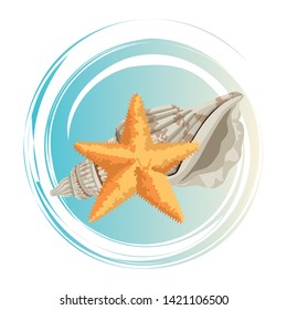 summer beach and vacation with starfish and seashell icon cartoon in round icon pop art background vector illustration graphic design