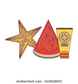 summer beach and vacation with starfish, sunscreen and watermelon icon cartoons vector illustration graphic design