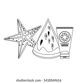 summer beach and vacation with starfish, sunscreen and watermelon icon cartoons in black and white vector illustration graphic design