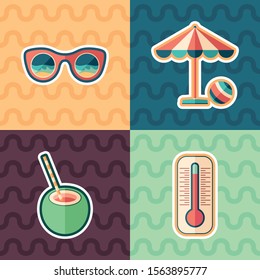 Summer beach vacation sticker flat icon set.