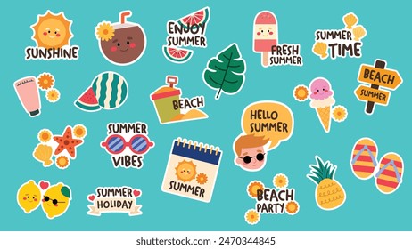 Summer beach vacation stickers collection featuring tropical doodle stickers of sun, sea, vector set includes watermelon, pineapple, fruit, ice cream, sunglasses, and seasonal summer party symbol