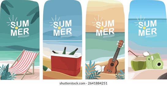 Summer beach vacation story set with deck chair, cooler, ukulele, and coconut