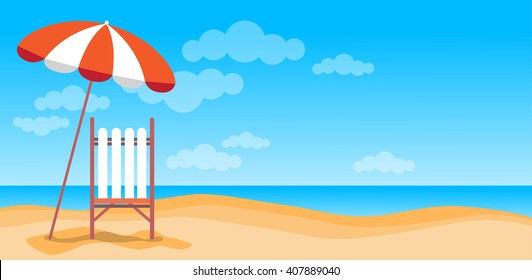 Summer Beach Vacation Sunbed With Umbrella Sand Tropical Banner Copy Space Flat Vector Illustration