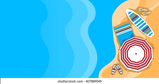 Summer Beach Vacation Sunbed With Umbrella Sand Tropical Banner Copy Space Top Angle View Flat Vector Illustration