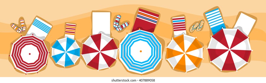 Summer Beach Vacation Sunbed With Umbrella Sand Tropical Banner Top Angle View Flat Vector Illustration