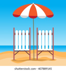 Summer Beach Vacation Sunbed With Umbrella Sand Tropical Travel Flat Vector Illustration