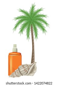summer beach and vacation with sunscreen jar, seashell and palm icon cartoon vector illustration graphic design