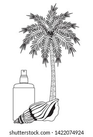 summer beach and vacation with sunscreen jar, seashell and palm icon cartoon in black and white vector illustration graphic design