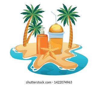 summer beach and vacation with sunscreen jar, starfish and smoothie drink icon cartoon over the sand with palms vector illustration graphic design