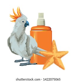 summer beach and vacation with sunscreen jar, starfish and cockatoo icon cartoon vector illustration graphic design
