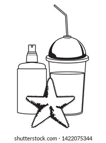summer beach and vacation with sunscreen jar, starfish and smoothie drink icon cartoon in black and white vector illustration graphic design