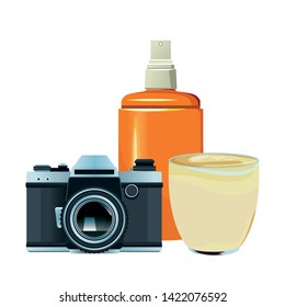 summer beach and vacation with sunscreen jar, photographic camera and smoothie drink icon cartoon vector illustration graphic design