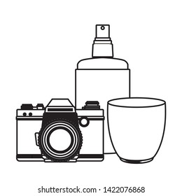 summer beach and vacation with sunscreen jar, photographic camera and smoothie drink icon cartoon in black and white vector illustration graphic design