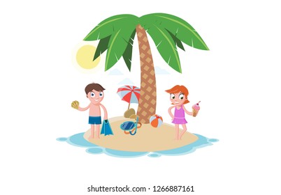 Summer beach vacation template with happy children palm tree umbrella ball diving equipment on island vector illustration