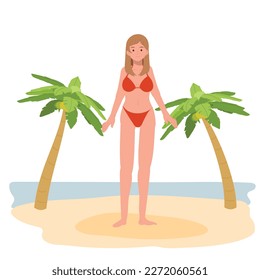 summer beach vacation theme. Happy girl in bikini on the beach.Flat Vector illustration