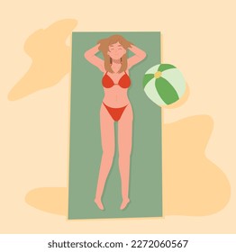 summer beach vacation theme. Happy girl in bikini on the beach is lay down and sunbathing.Flat Vector illustration