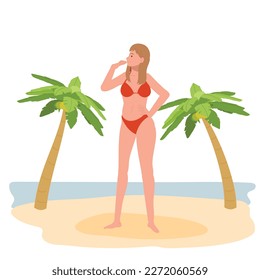summer beach vacation theme. Happy girl in bikini on the beach.Flat Vector illustration