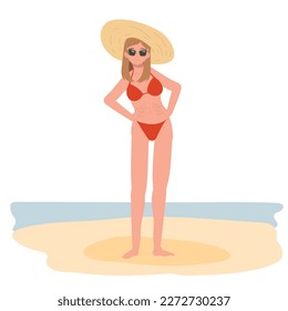 temática de vacaciones de verano en la playa. Chica feliz en bikini y gafas de sol en la playa. Ilustración de vector plano