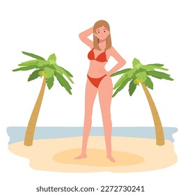 Sommerurlaub am Strand. Fröhliches Mädchen in Bikini am Strand.Flat Vektorgrafik