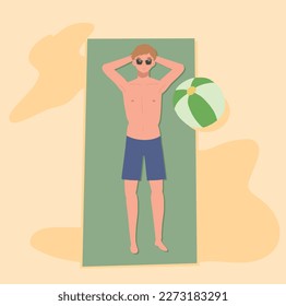 summer beach vacation theme. Happy man in swim suit on the beach is lay down and sunbathing.Flat Vector illustration