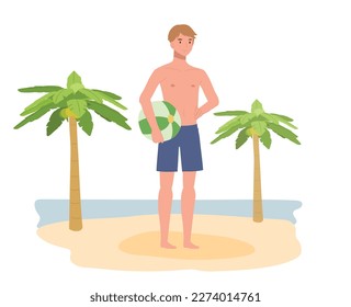 summer beach vacation theme. A happy smiling man in swim suit holding beach ball. Flat Vector illustration