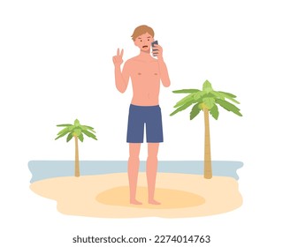 summer beach vacation theme. A happy smiling man in swim suit selfie with the beach background. Flat Vector illustration