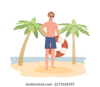 summer beach vacation theme. A man wearing sunglasses in swim suit holding swim ring , life ring on the beach. Flat Vector illustration