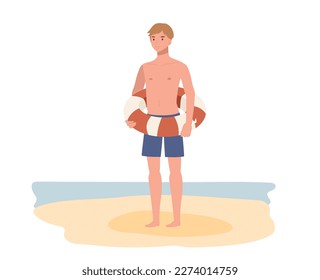 temática de vacaciones de verano en la playa. Un hombre con traje de baño sostiene un anillo de nado , un anillo de vida en la playa. Ilustración de vector plano