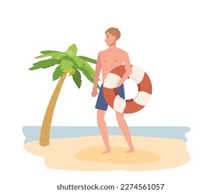temática de vacaciones de verano en la playa. Un hombre con traje de baño sostiene un anillo de nado , un anillo de vida en la playa. Ilustración de vector plano