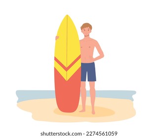 Sommerurlaub am Strand. Ein Mann mit Schwimmanzug, der Surfbrett am Strand hält. Flaches Vektorgrafik