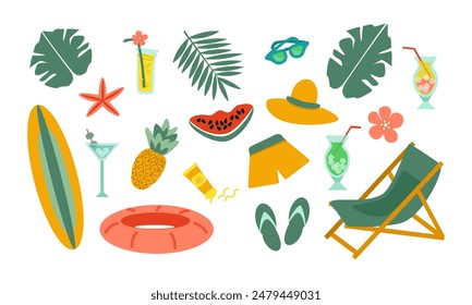 Summer beach vacation theme set of elements - tropical leaves, cocktails in glass goblets with ice, pineapple, watermelon slice, inflatable swimming ring, surfboard, folding beach chair, hat, shorts