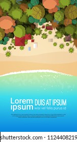 summer beach vacation top angle view sand colorful umbrella tropical beach holiday vertical copy space flat vector illustration