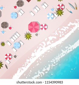summer beach vacation top angle view sand colorful umbrella tropical beach holiday flat vector illustration