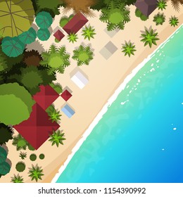 Sommerurlaub am Strand Draufsicht Sand bunter Regenschirm tropischer Badeurlaub flache Vektorgrafik