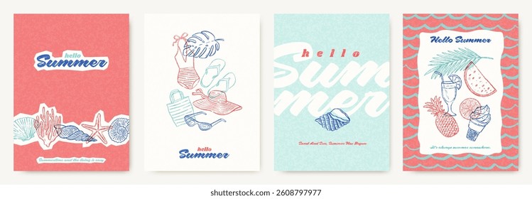 Summer beach vacation and travel cards or banner template. Modern design with hand drawn summertime things and items. Vector design for banner, cards, invitation, sale, ads.