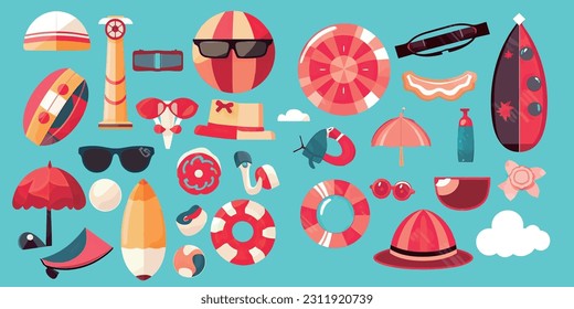 Summer beach vacation travel cartoon icons collection, vector illustration