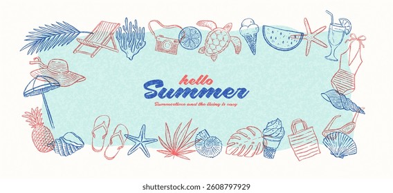 Summer beach vacation and travel illustration. Design with hand drawn summertime things and items. Vector design for banner, cards, invitation, sale, ads.