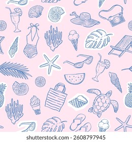 Summer beach vacation and travel seamless background. Pattern with hand drawn summertime things and items. Vector design for wallpaper, wrapping paper, prints, fabrics.