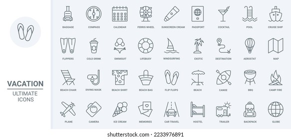 Summer beach vacation and travel thin line icons set vector illustration. Outline baggage for ship cruise to tropical destination, cocktail and swimsuit for pool party, diving mask and backpack