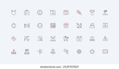 Summer beach vacation and travel, tourism line icon set. Cruise on ship, sightseeing and museum, restaurant, hotel hospitality for tourists thin black and red outline symbols vector illustration