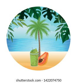summer beach and vacation with tropical fruit, palm and smoothie drink icon cartoon in round icon over the beach with seascape vector illustration graphic design