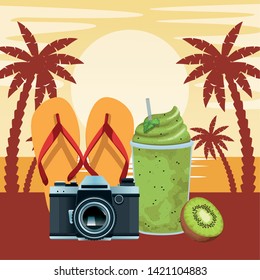 summer beach and vacation with tropical smoothie, photographic camera, sandals and kiwi icon cartoon over beach sunset landscape vector illustration graphic design