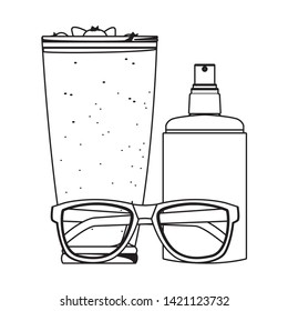 summer beach and vacation with tropical smoothie, sunscreen jar and sunglasses icon cartoon in black and white vector illustration graphic design