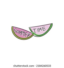 summer beach vacation, two watermelons with an inscription about summer. Hand drawn doodle vector illustration.