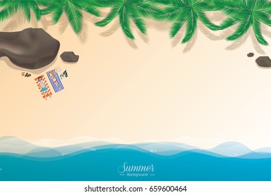Summer beach vacation vector background, top view with copy space